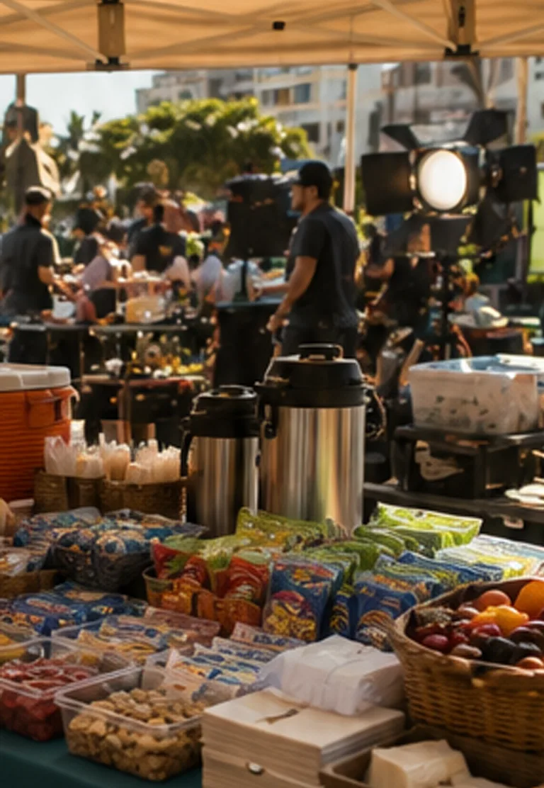 Colorful organized craft-services table with fresh fruit, packaged snacks, and beverages beside a Hawaiʻi film set