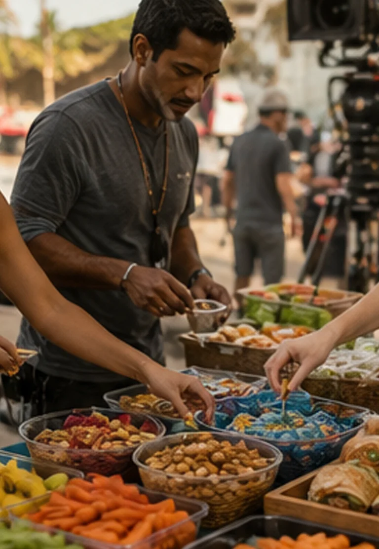 Fresh fruit, protein snacks, and lighter food options arranged for a long commercial production day