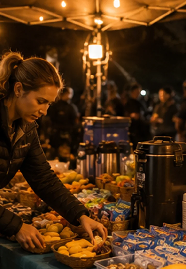 Craft-services professional restocking hot drinks and snacks for a night film shoot in Waikīkī