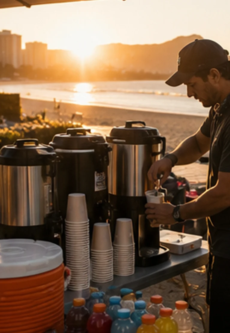 Bright self-serve coffee and hydration station prepared for an early-morning television crew on Oʻahu