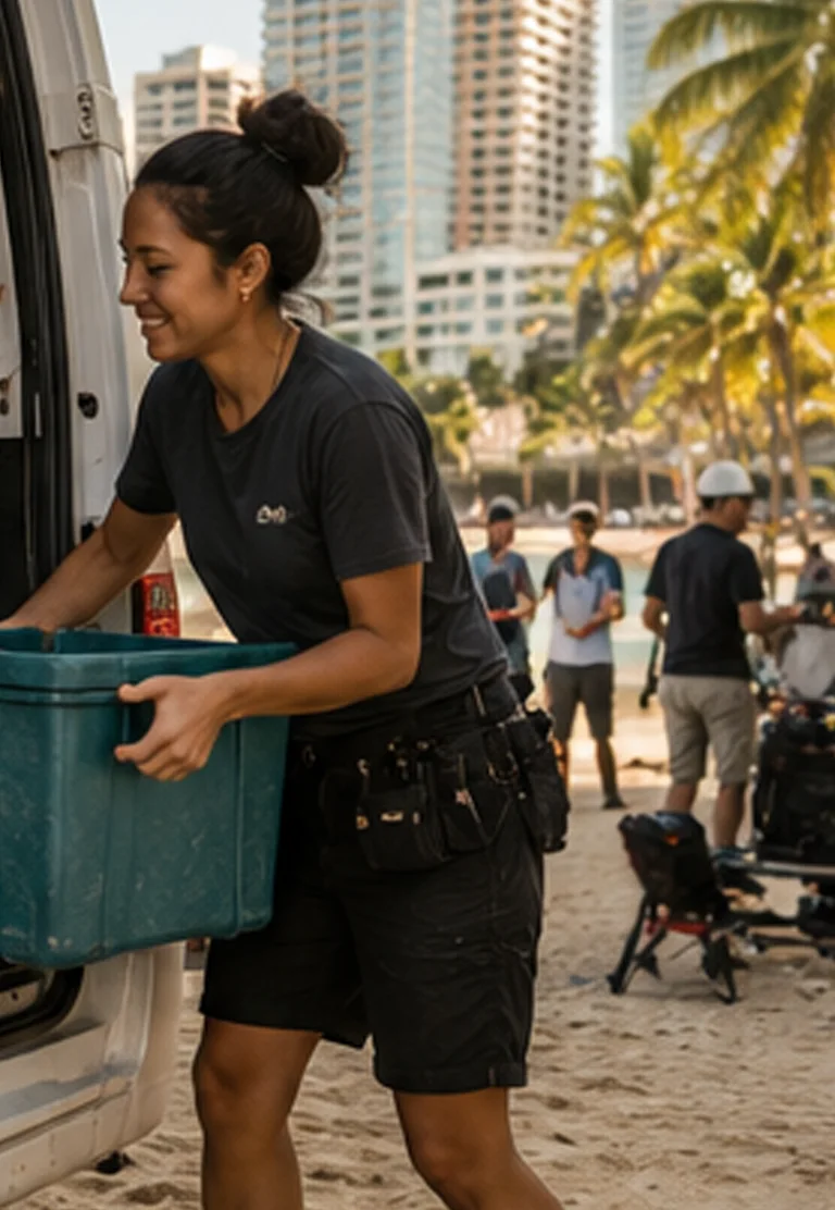 Film crew selecting individually portioned snacks during an outdoor Waikīkī location shoot